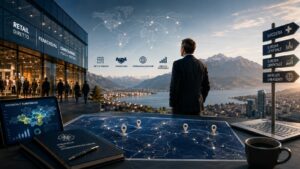 Consulente osserva mappa strategica e panorama alpino con rete di vendita, retail, franchising e internazionalizzazione tra Italia, Svizzera ed Europa