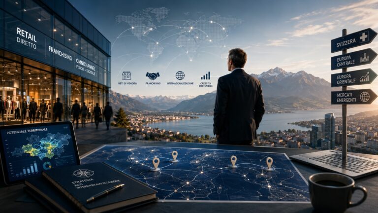 Consulente osserva mappa strategica e panorama alpino con rete di vendita, retail, franchising e internazionalizzazione tra Italia, Svizzera ed Europa