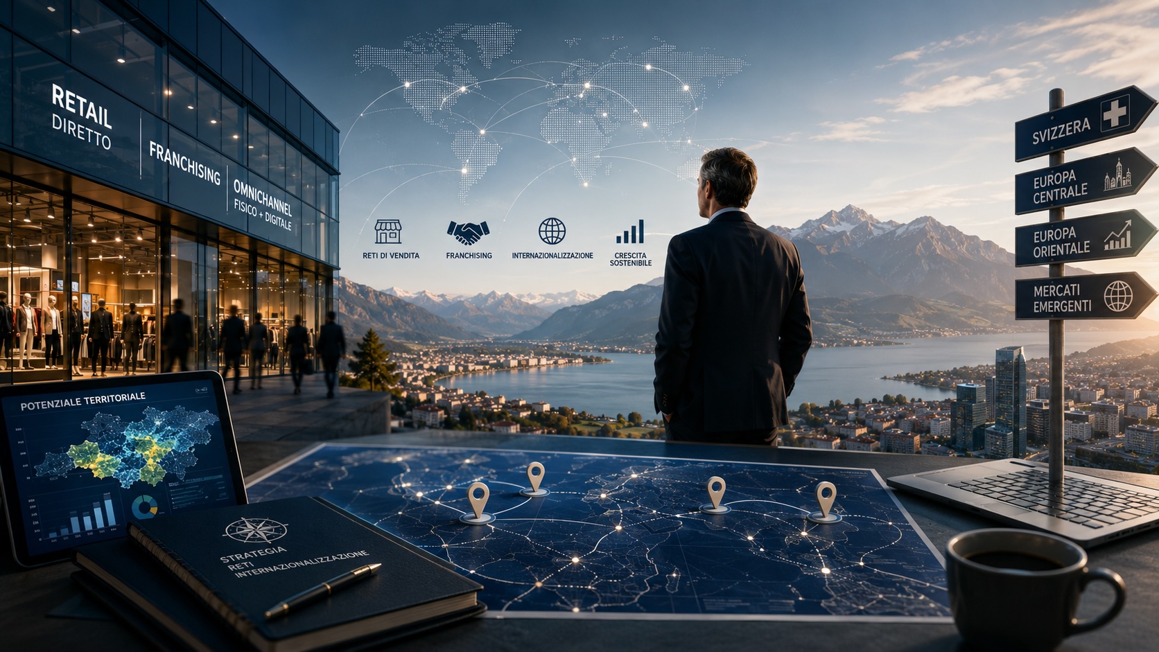 Consulente osserva mappa strategica e panorama alpino con rete di vendita, retail, franchising e internazionalizzazione tra Italia, Svizzera ed Europa