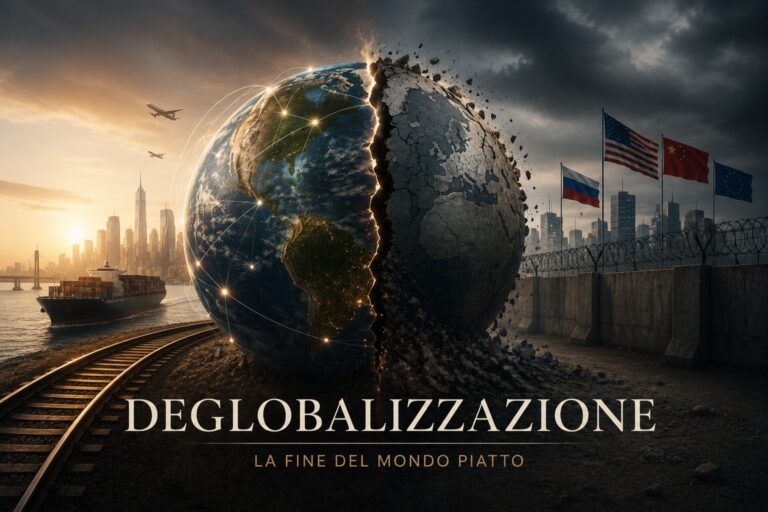 Rappresentazione della deglobalizzazione con un globo diviso tra integrazione economica globale e frammentazione geopolitica, simbolo delle trasformazioni nelle catene di fornitura e nel commercio internazionale.