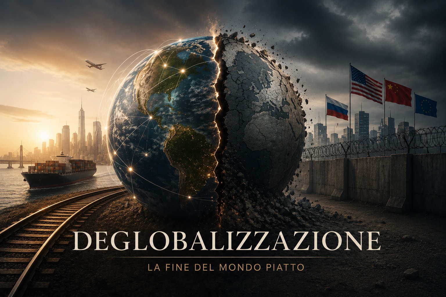 Rappresentazione della deglobalizzazione con un globo diviso tra integrazione economica globale e frammentazione geopolitica, simbolo delle trasformazioni nelle catene di fornitura e nel commercio internazionale.