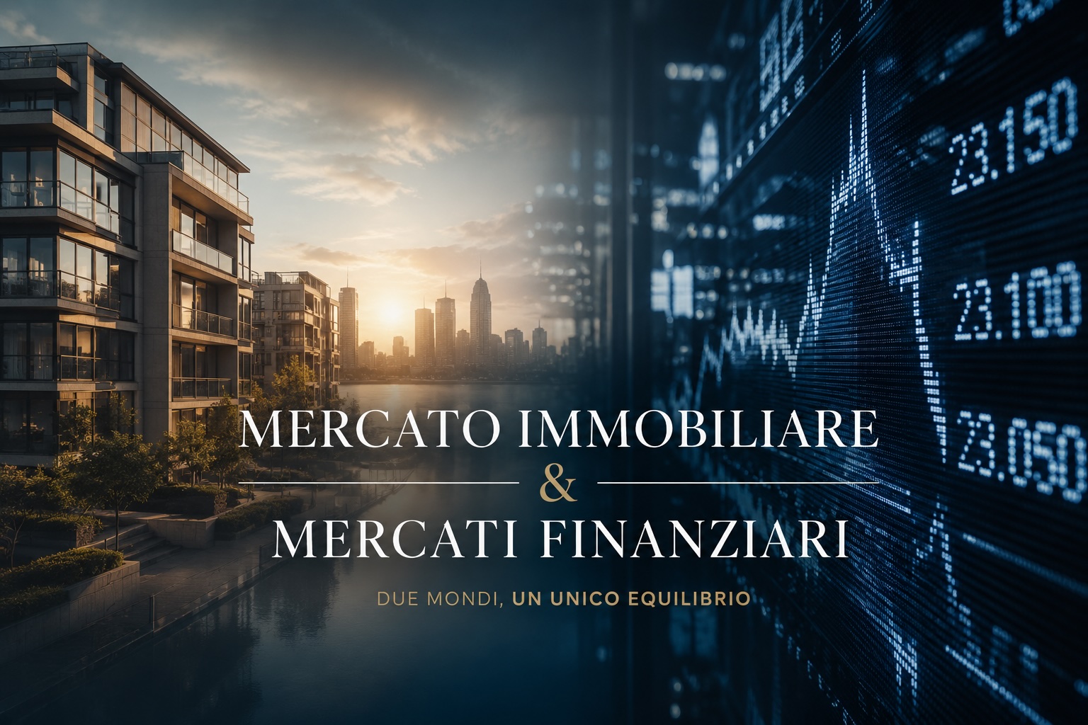 Rappresentazione concettuale del rapporto tra mercato immobiliare e mercati finanziari con edifici residenziali e grafici di borsa integrati in un’unica immagine.