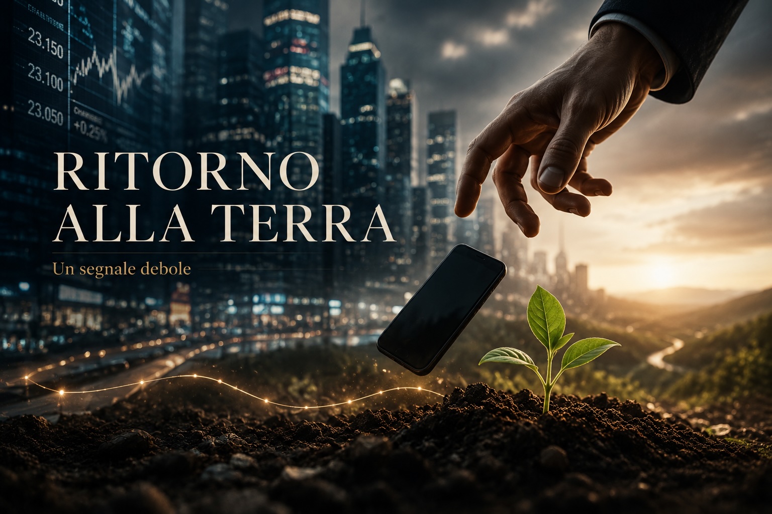Rappresentazione simbolica del ritorno alla terra come segnale debole: una metropoli moderna, uno smartphone abbandonato e un germoglio che emerge dal terreno, simbolo di un cambiamento sociale, economico e culturale.